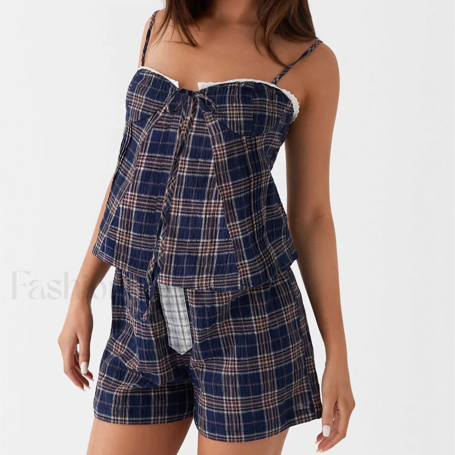 Vintage Plaid Lace Trim Camisole Shorts Two Piece Set Secondary image
