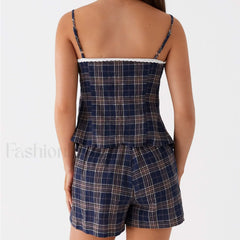 Vintage Plaid Lace Trim Camisole Shorts Two Piece Set