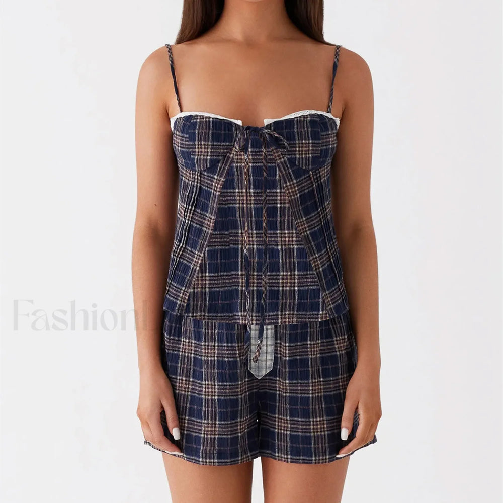 Vintage Plaid Lace Trim Camisole Shorts Two Piece Set S