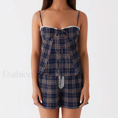Vintage Plaid Lace Trim Camisole Shorts Two Piece Set S