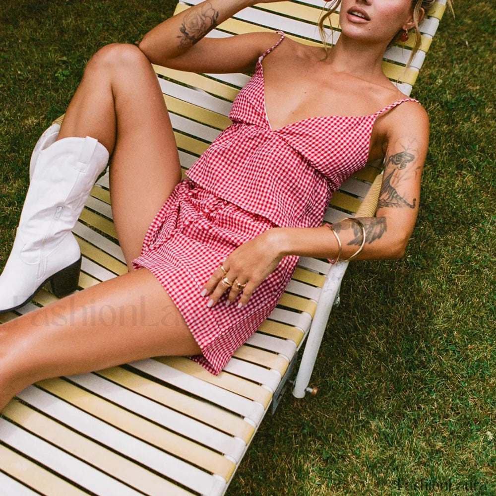 Vintage Plaid V neck Backless Camisole Elastic Waist Shorts Two Piece Set