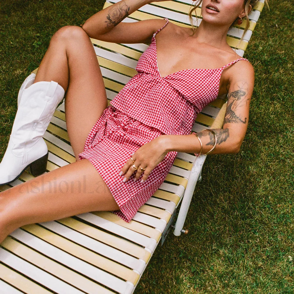 Vintage Plaid V neck Backless Camisole Elastic Waist Shorts Two Piece Set