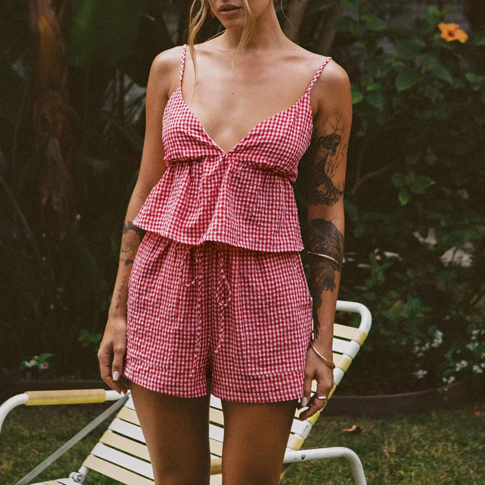 Vintage Plaid V neck Backless Camisole Elastic Waist Shorts Two Piece Set S