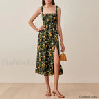 Vintage Print Chiffon Beach Dress Sleeveless Side Slit Floral Dress
