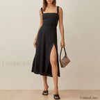 Vintage Print Chiffon Beach Dress Sleeveless Side Slit Floral Dress black / S