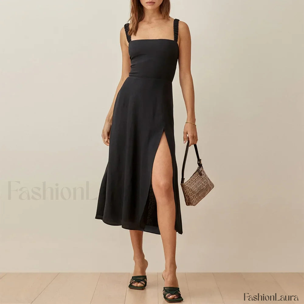 Vintage Print Chiffon Beach Dress Sleeveless Side Slit Floral Dress black / S