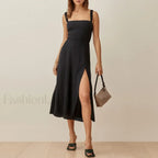 Vintage Print Chiffon Beach Dress Sleeveless Side Slit Floral Dress black / S