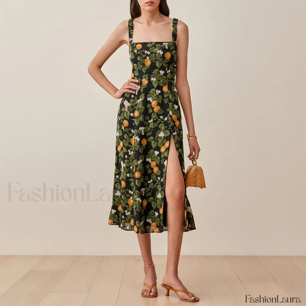 Vintage Print Chiffon Beach Dress Sleeveless Side Slit Floral Dress green / S