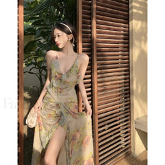 Vintage Print Halter Neck Fishtail Trim Sleeveless Maxi Dress Apricot Vacation Dresses