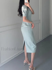 Vintage Puff Sleeve Split Maxi Dress Midi Dresses