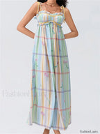 Vintage Ruched Print Strap Maxi Dress