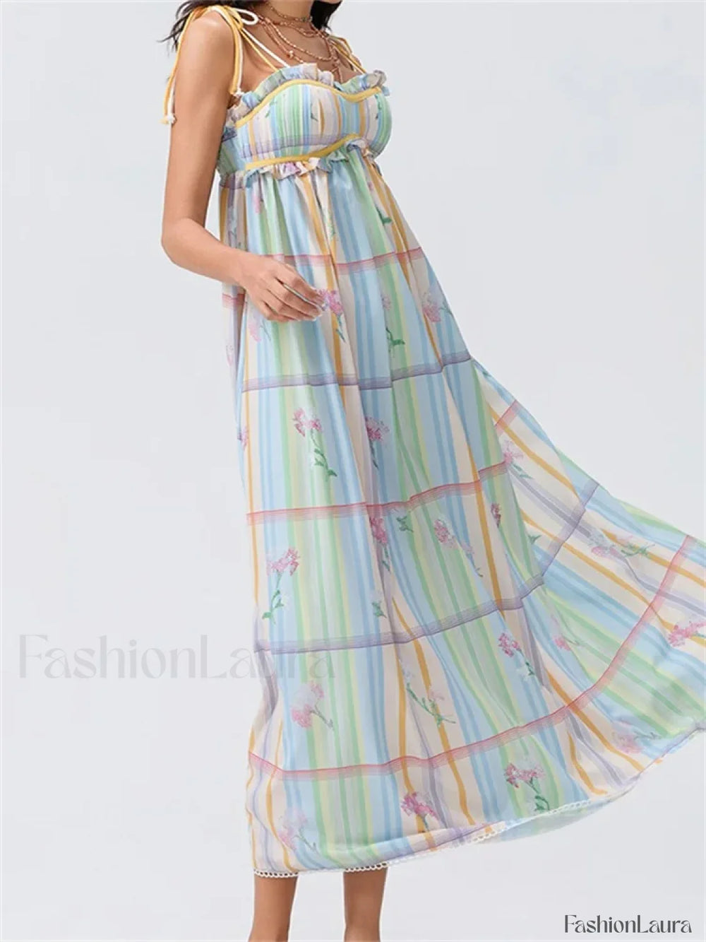 Vintage Ruched Print Strap Maxi Dress
