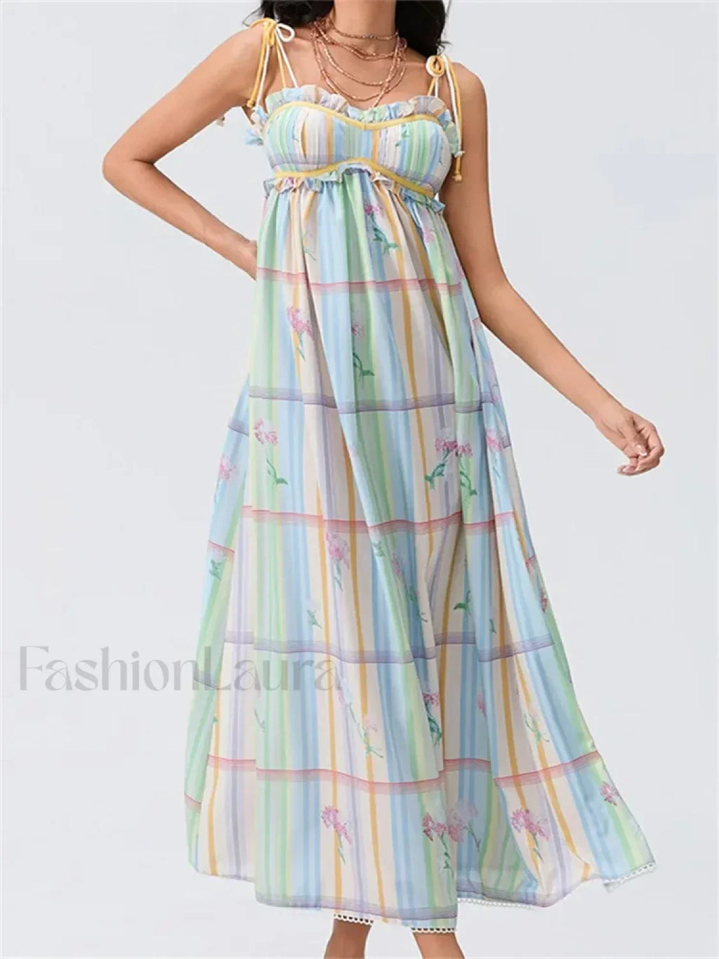 Vintage Ruched Print Strap Maxi Dress green / S