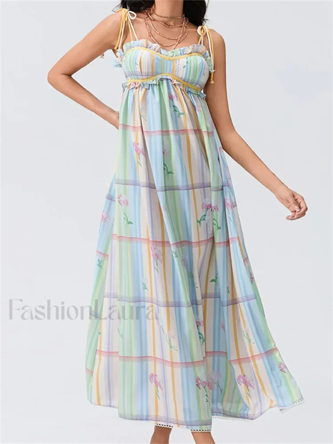 Vintage Ruched Print Strap Maxi Dress green / S