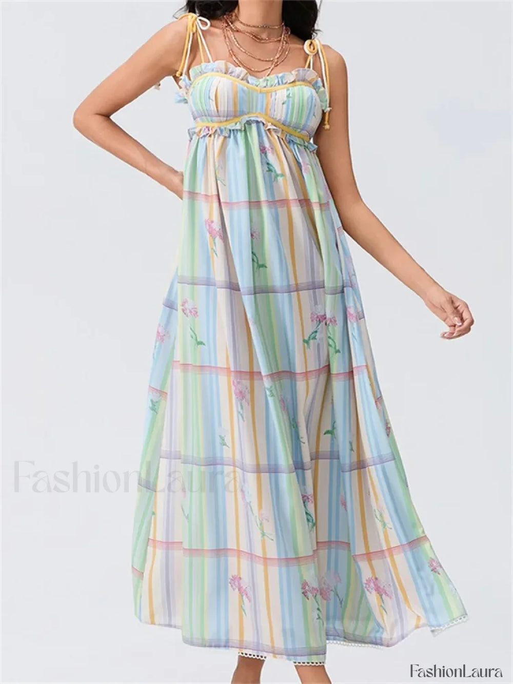 Vintage Ruched Print Strap Maxi Dress green / S