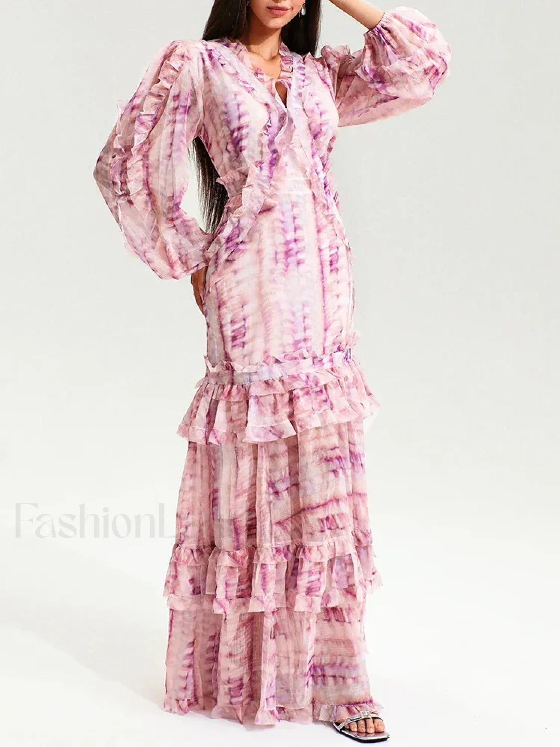 Vintage Ruffle Puff Maxi Dress Pink / S Main image