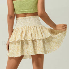 Vintage Shirred Floral Cake Skirt Yellow / S