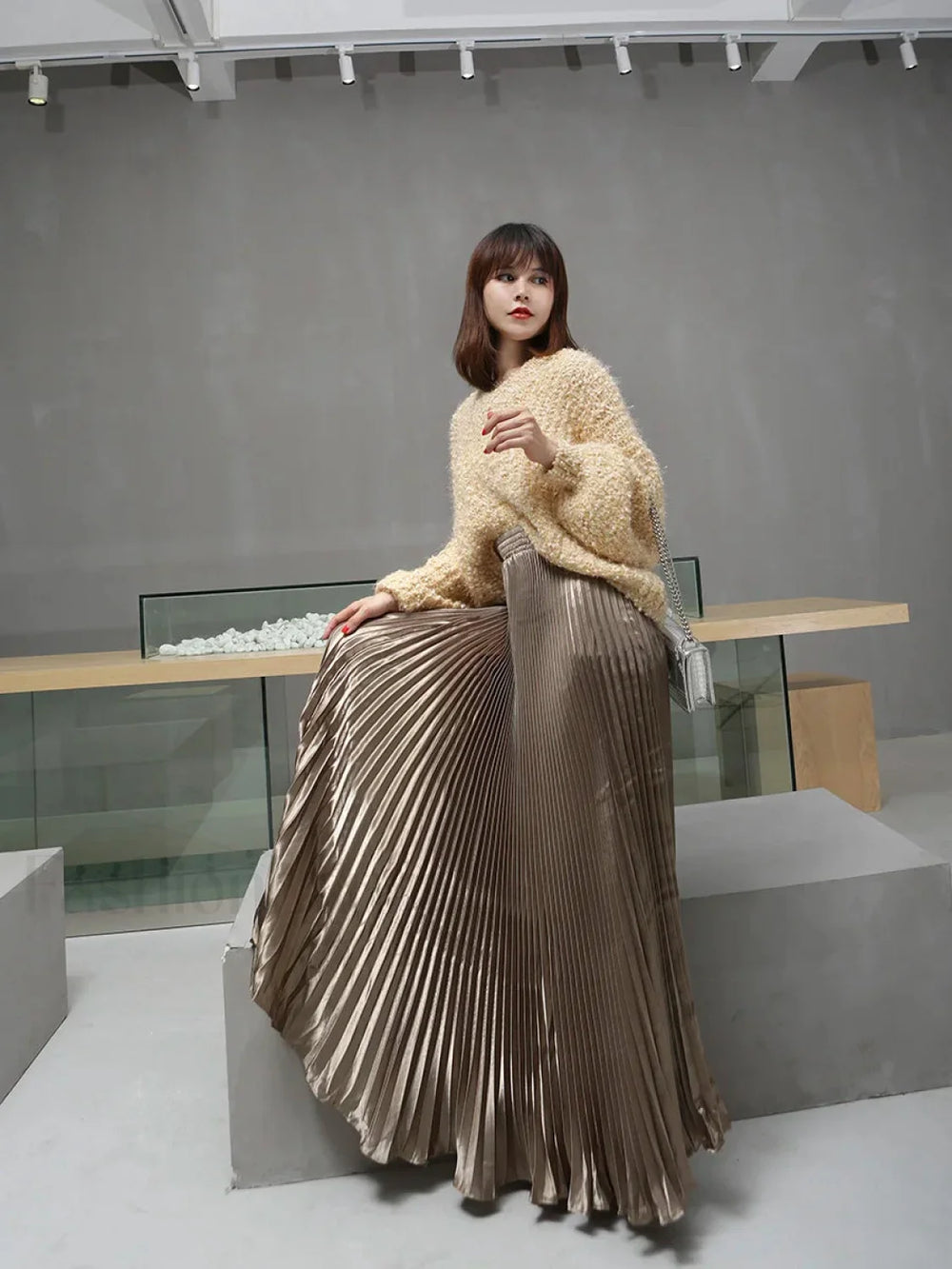 Vintage Silver Maxi Metal Flared Pleated High Waist Skirt coffee / One Size