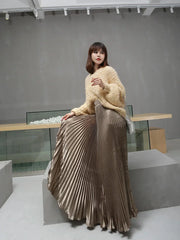 Vintage Silver Maxi Metal Flared Pleated High Waist Skirt coffee / One Size