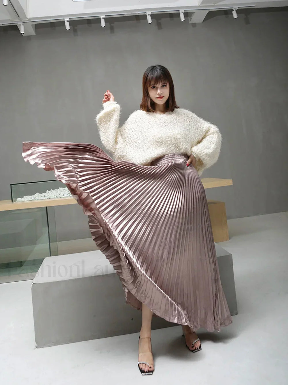 Vintage Silver Maxi Metal Flared Pleated High Waist Skirt khaki / One Size