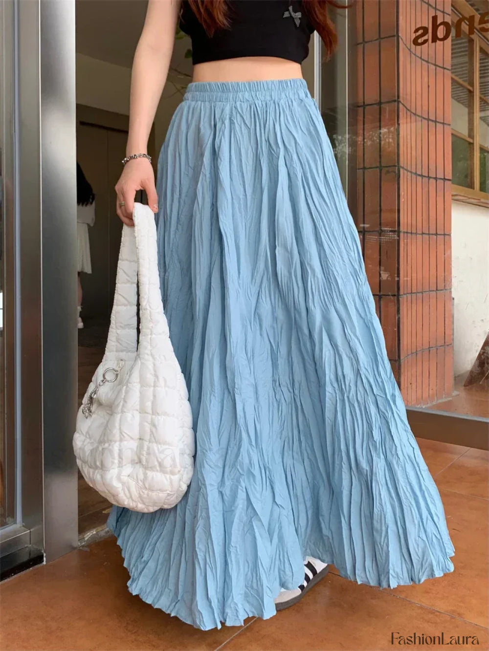 Vintage Solid Pleated Long A Line Skirt Blue / One Size