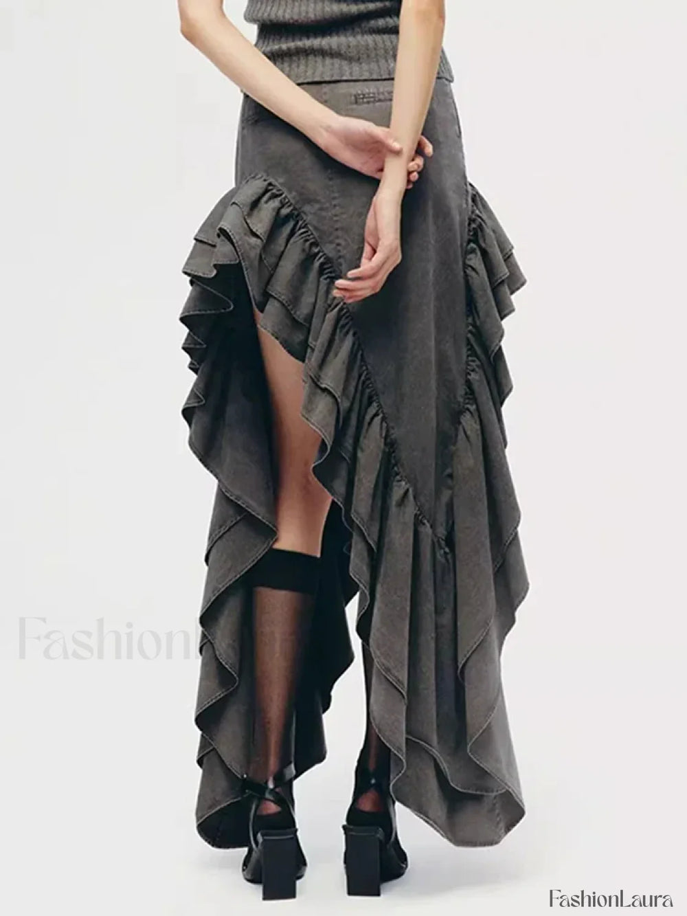 Vintage Spliced Irregular Hem Skirt GRAY / S