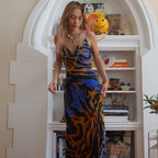 Vintage Style Striped Printed Cowl Neck Slip Maxi Dress Black M / Black Vacation Dresses