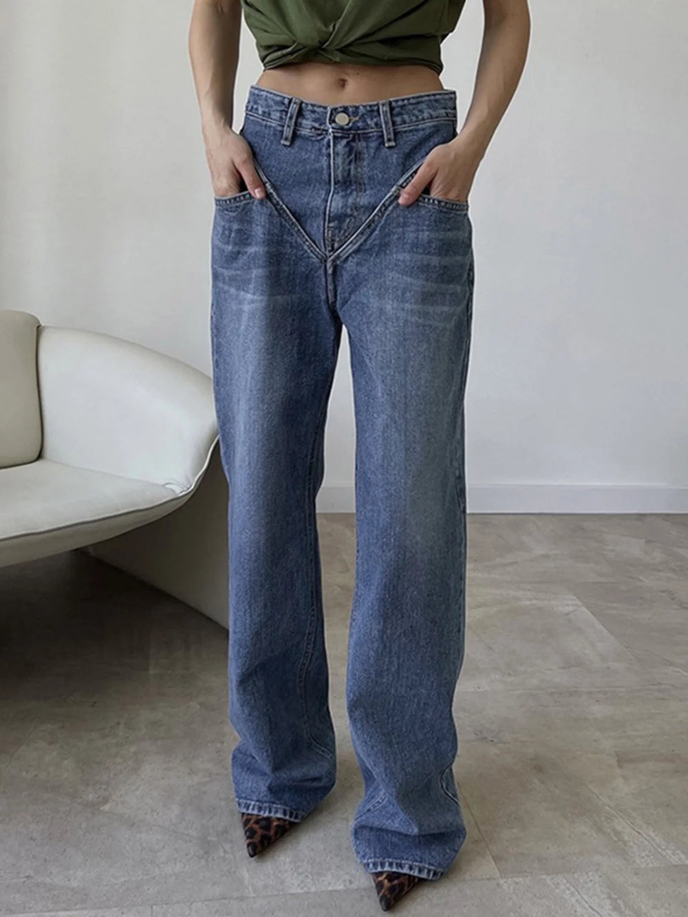 Vintage Wash Denim Trendy Straight Leg Jeans Jeans