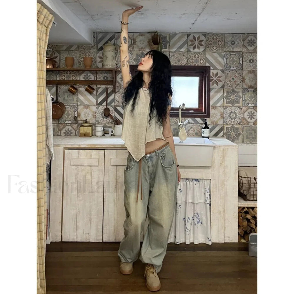 Vintage Washed Mopping Trendy Loose Boyfriend Jeans women clothing