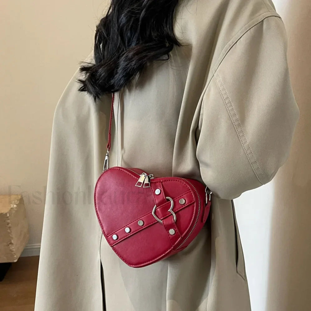 Vintage Y2K Small Chain Rivet Heart Shaped Red PU Bag
