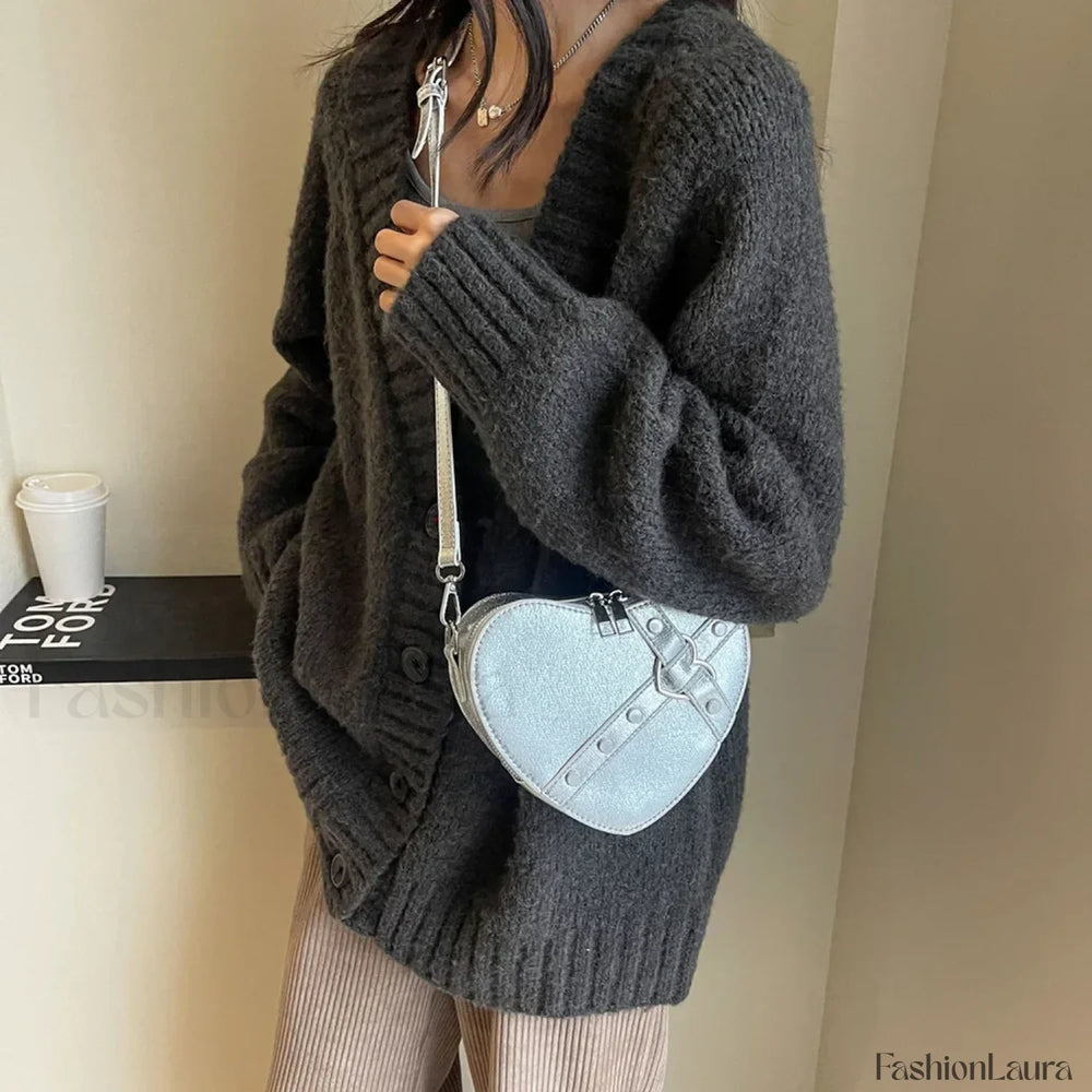 Vintage Y2K Small Chain Rivet Heart Shaped Red PU Bag