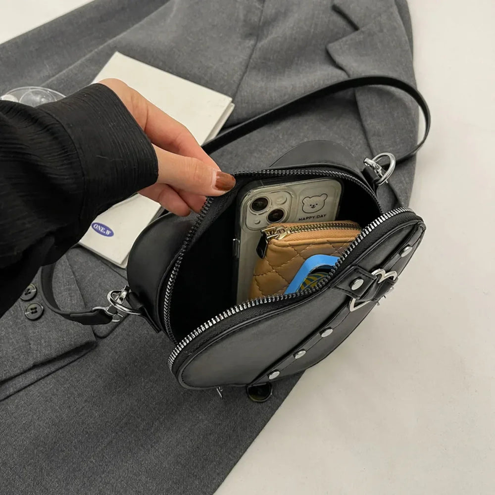 Vintage Y2K Small Chain Rivet Heart Shaped Red PU Bag