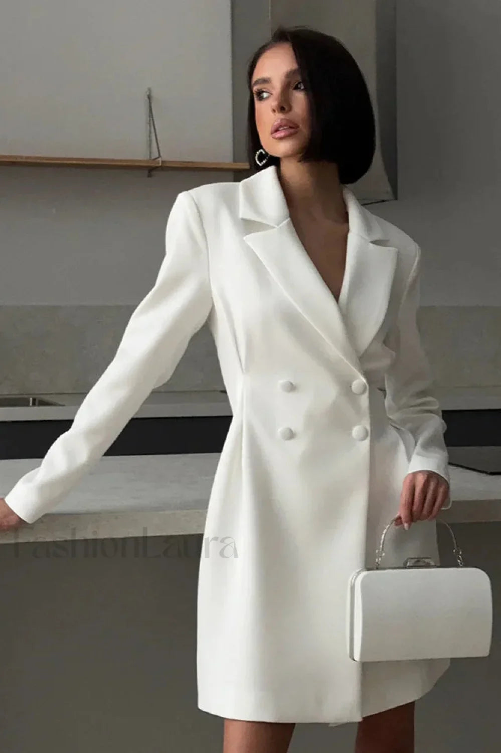 Waist Cinched Sweet Suit Style Strappy Work Dress White / S Main image