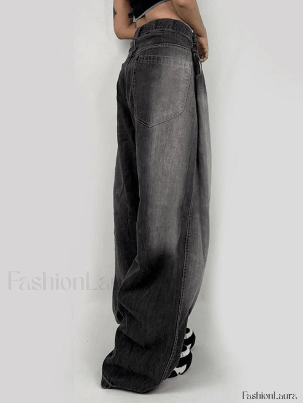 Washed Contrast Waist Pleated Relaxed Leg Boyfriend Jeans Jeans