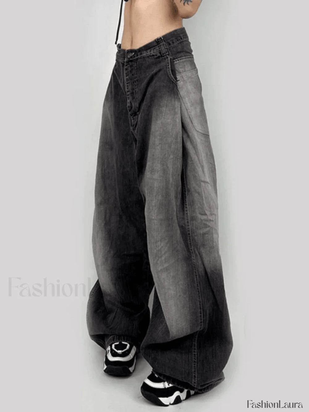 Washed Contrast Waist Pleated Relaxed Leg Boyfriend Jeans Jeans