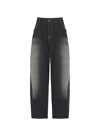 Washed Contrast Waist Pleated Relaxed Leg Boyfriend Jeans Jeans