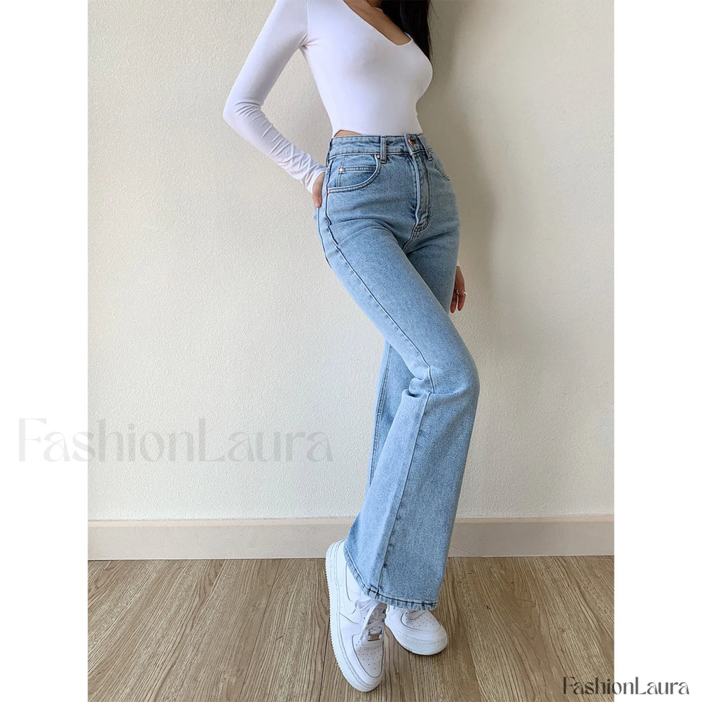 Washed High Waist Trendy Slim Flare Jeans Light Blue / M women clothing