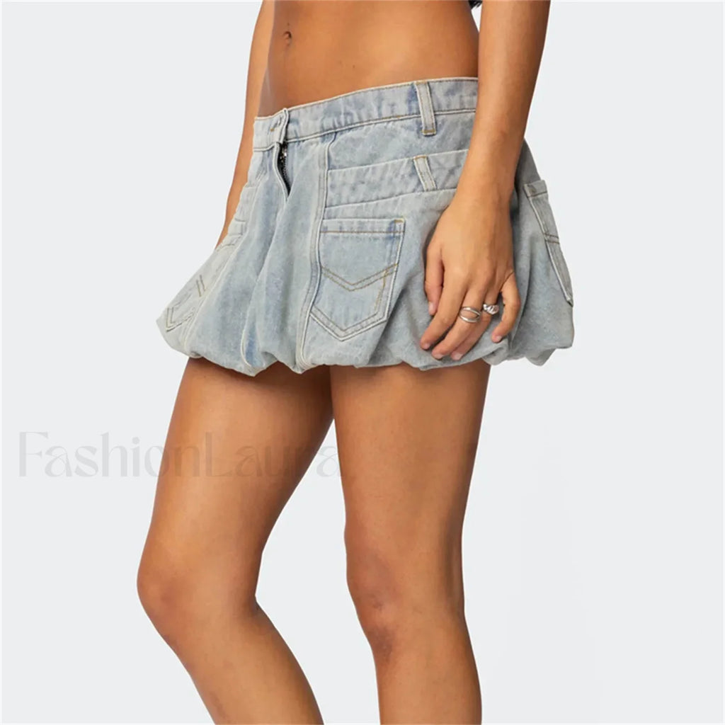 Washed Jean Bubble Pocket Skirt
