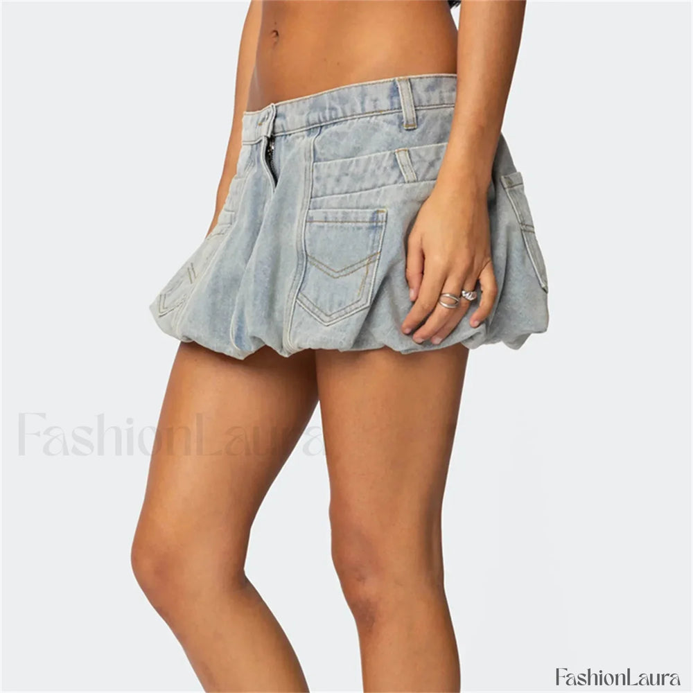 Washed Jean Bubble Pocket Skirt