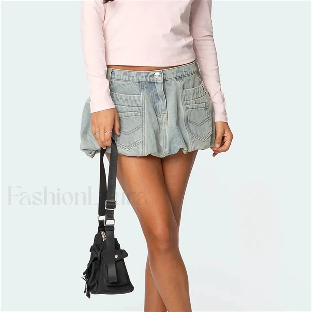 Washed Jean Bubble Pocket Skirt