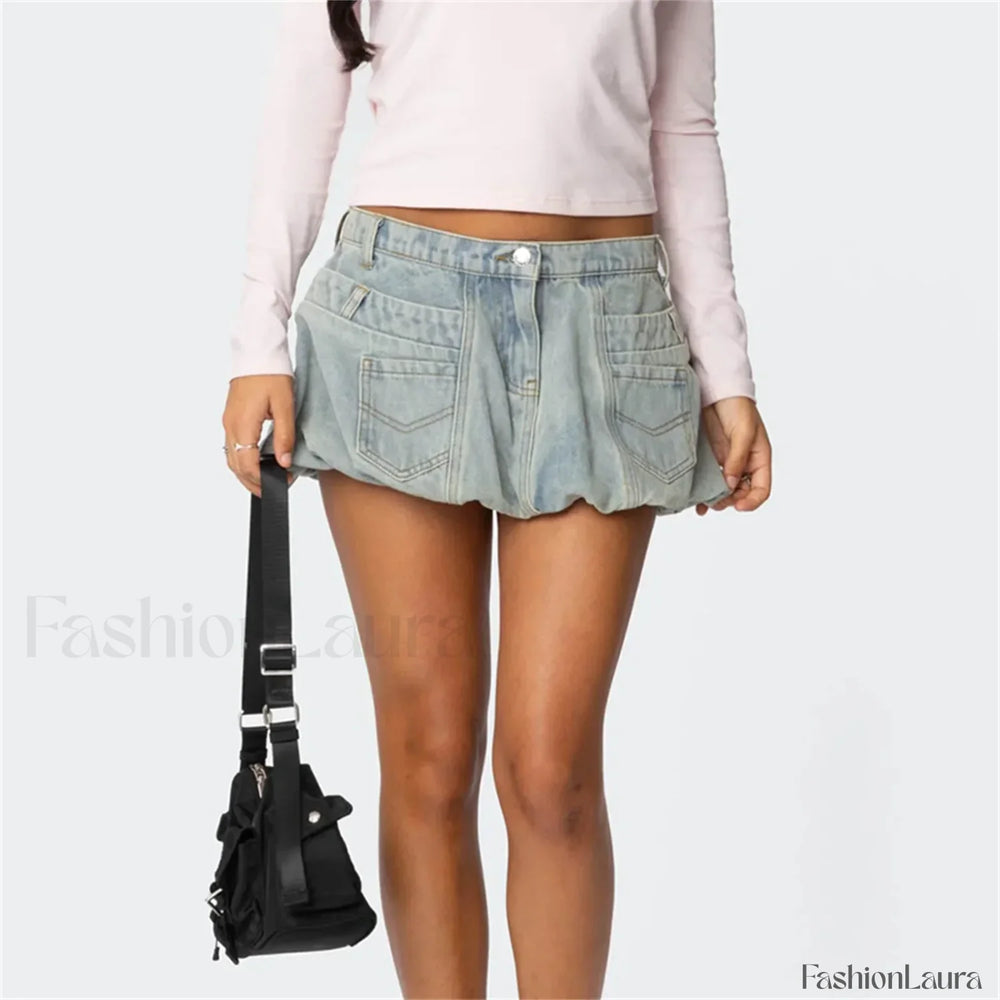 Washed Jean Bubble Pocket Skirt Light Blue / S