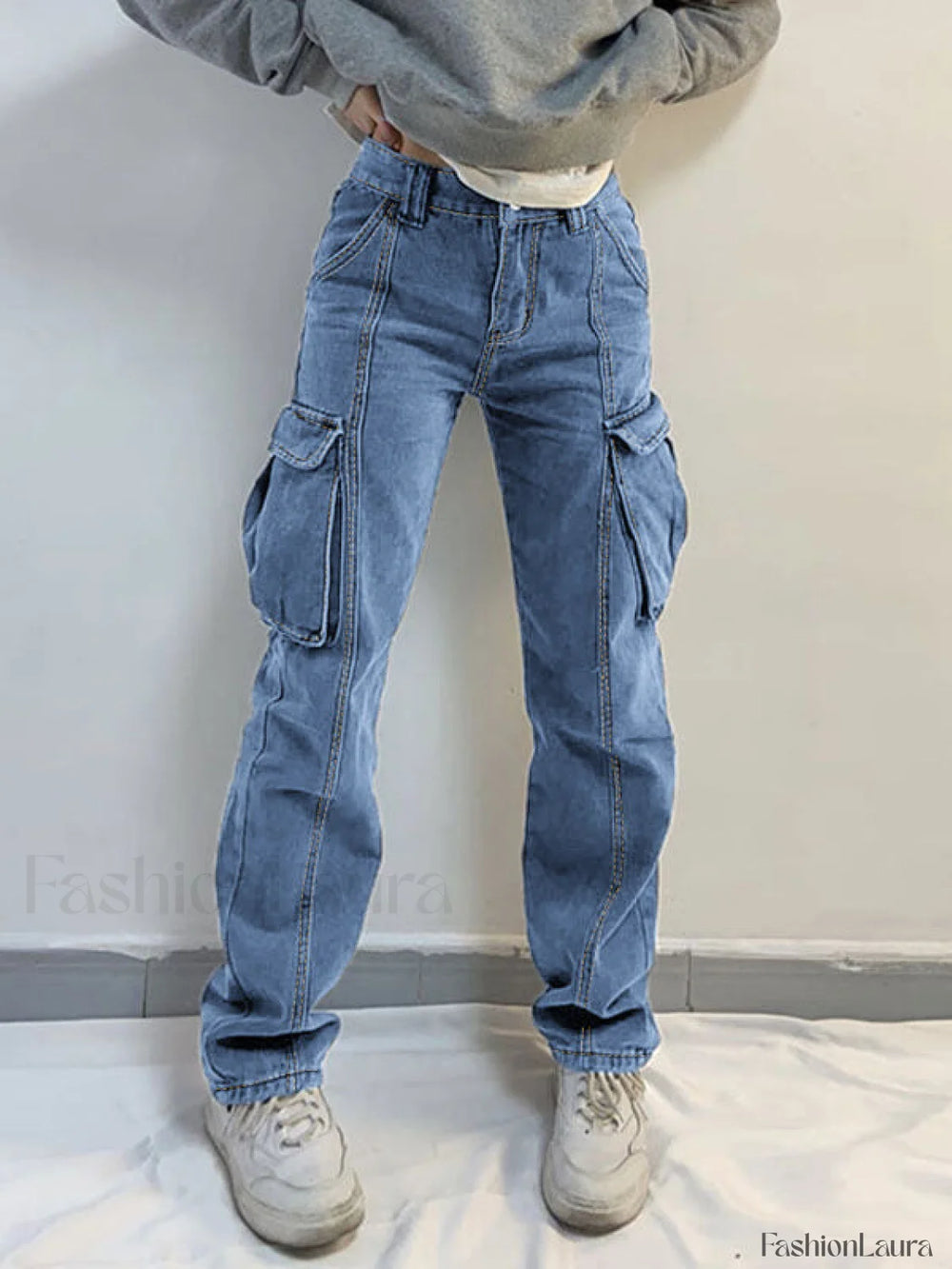 Washed Mid Waist Pocket Cargo Jeans Cargo Jeans