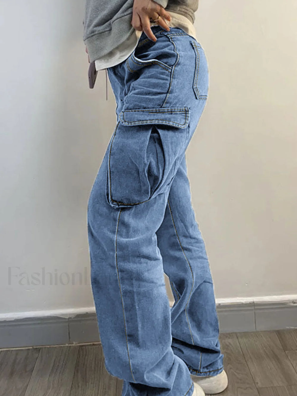 Washed Mid Waist Pocket Cargo Jeans Cargo Jeans