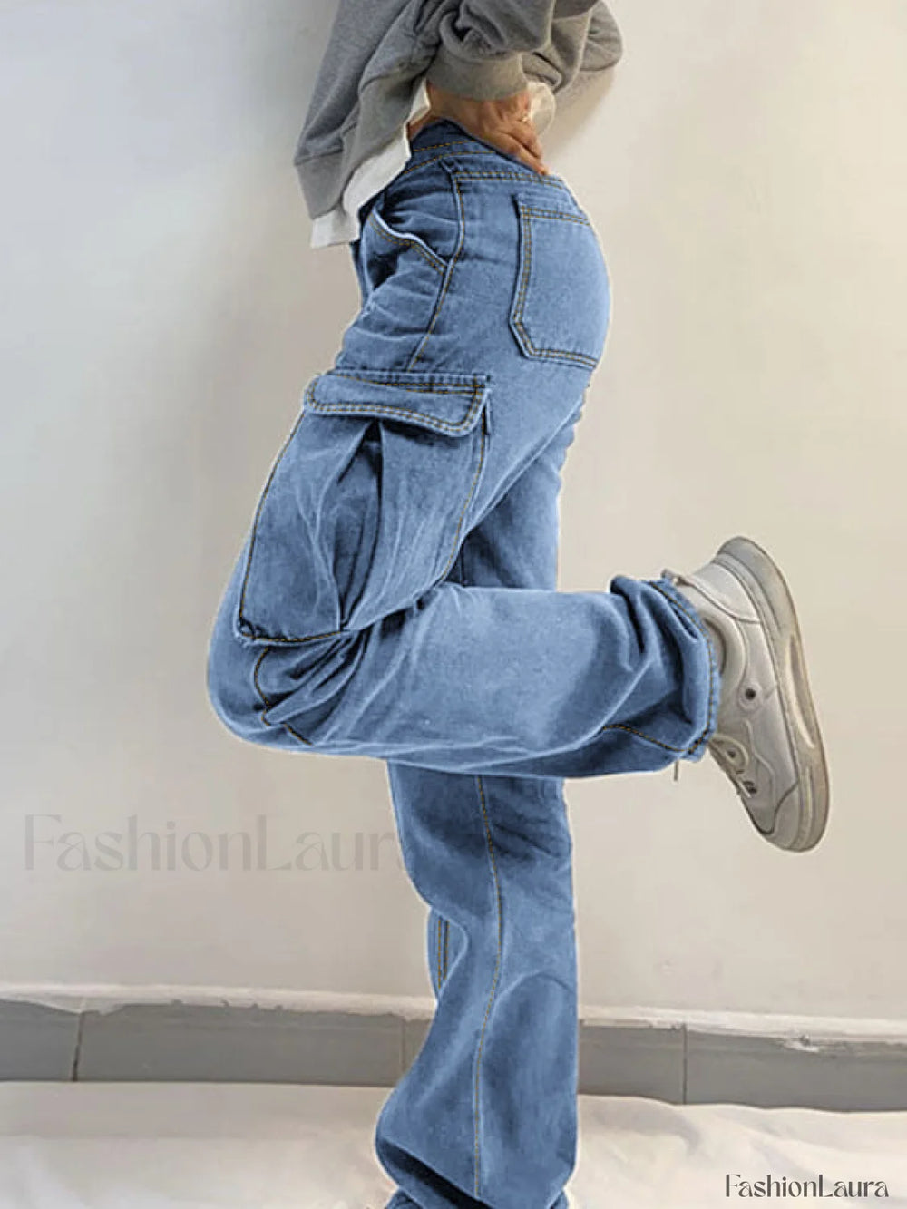 Washed Mid Waist Pocket Cargo Jeans Cargo Jeans