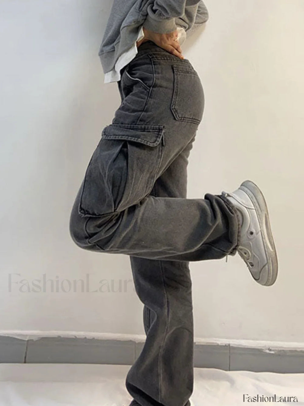 Washed Mid Waist Pocket Cargo Jeans Cargo Jeans