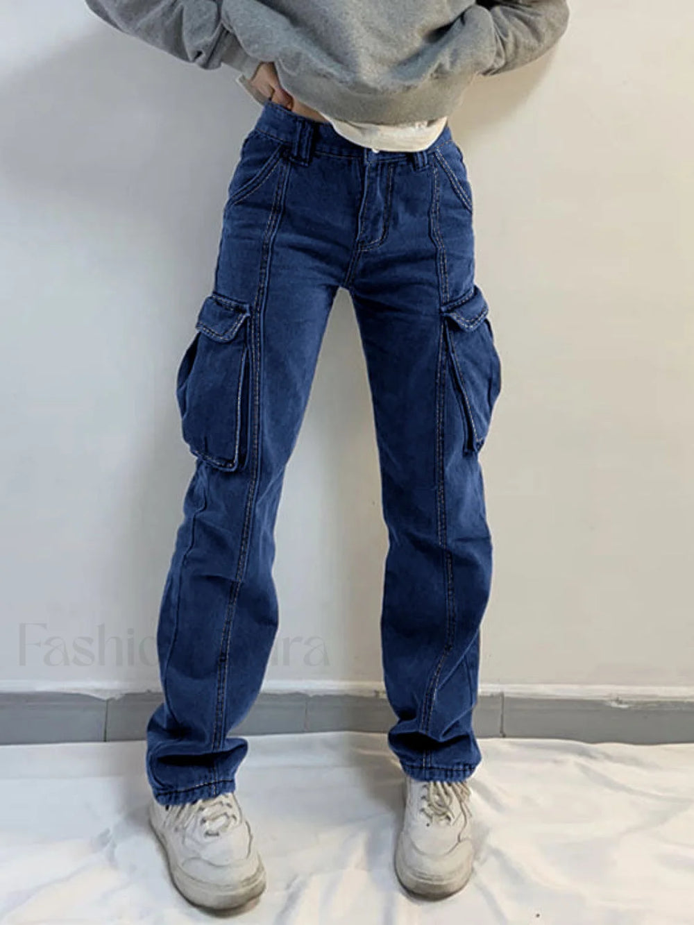 Washed Mid Waist Pocket Cargo Jeans Cargo Jeans