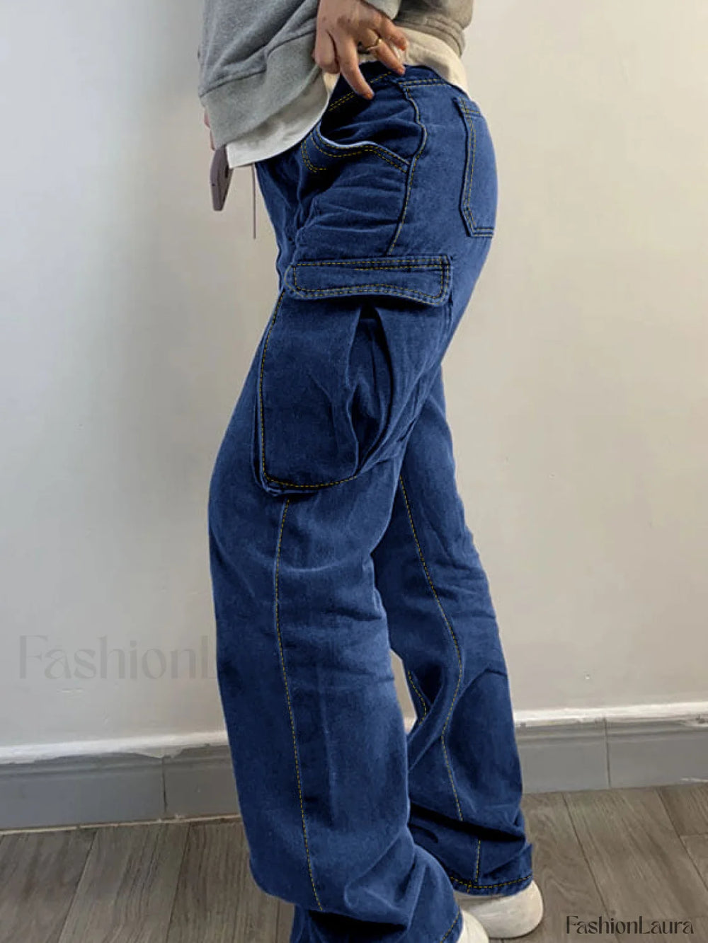 Washed Mid Waist Pocket Cargo Jeans Cargo Jeans