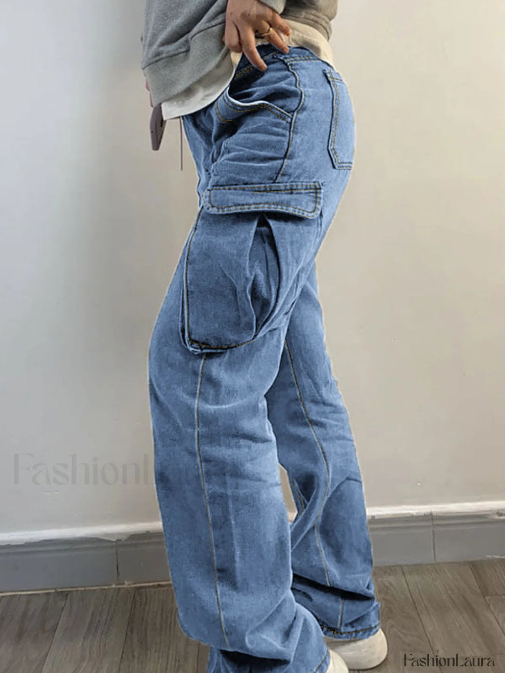 Washed Mid Waist Pocket Cargo Jeans Cargo Jeans