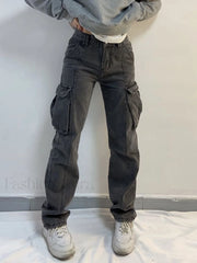 Washed Mid Waist Pocket Cargo Jeans Gray / S Cargo Jeans