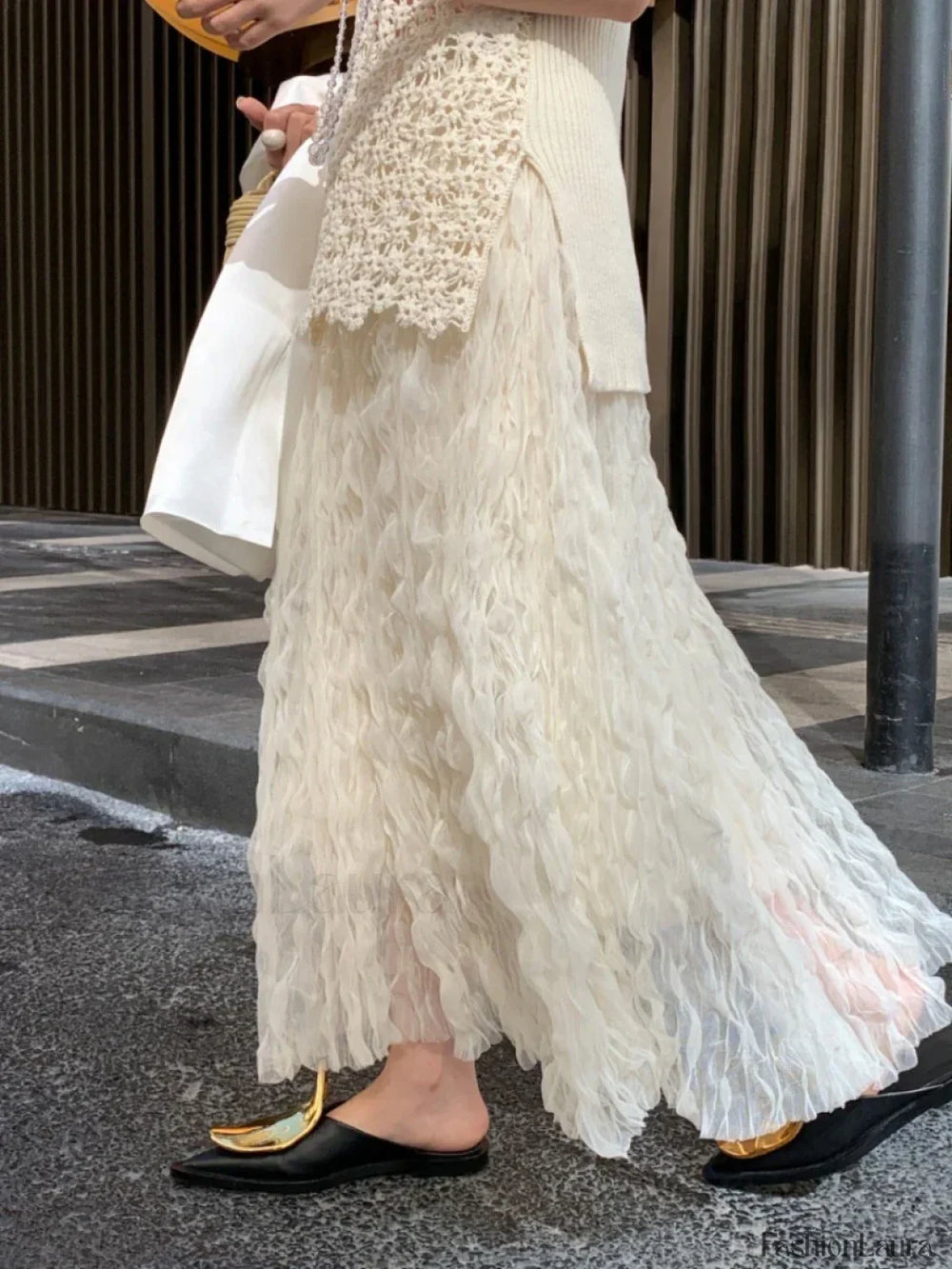 Wave Pleated High Waist Solid Fashion Skirt apricot / One Size